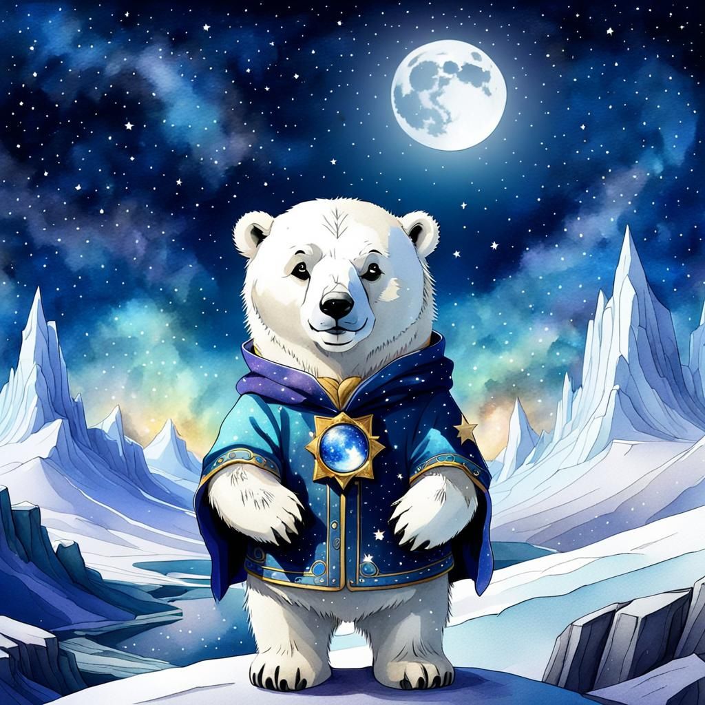 Wizard Polar Bear Under Starry Sky: Digital Watercolor