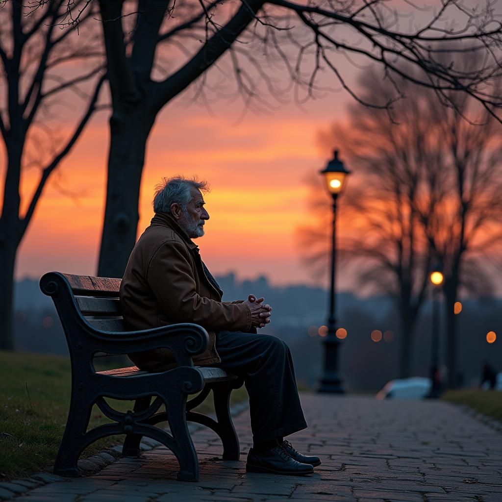 Man Contemplating Twilight on Park Bench