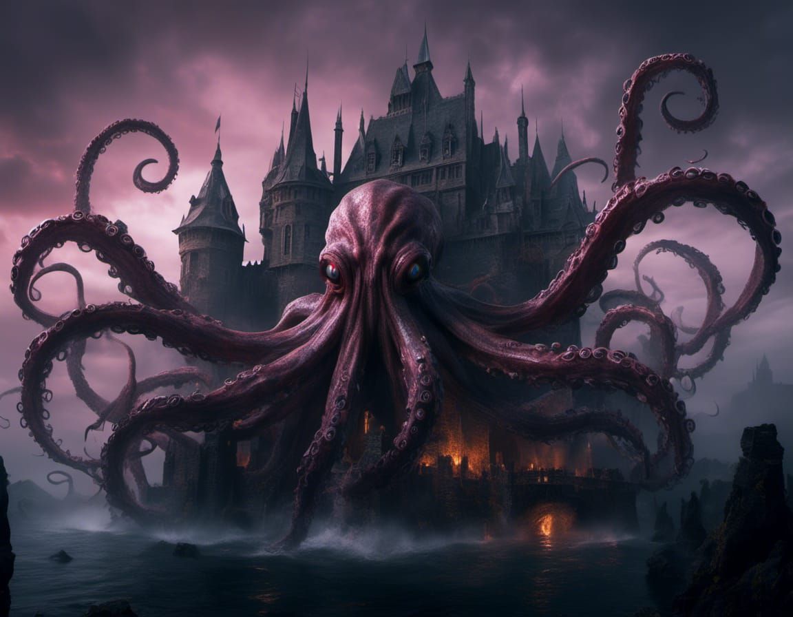 Giant Octopus Assaults Castle in Dark Fantasy Art