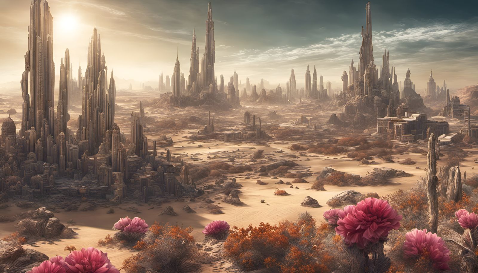 Hyperrealistic Desert Mega-City with Floral Details