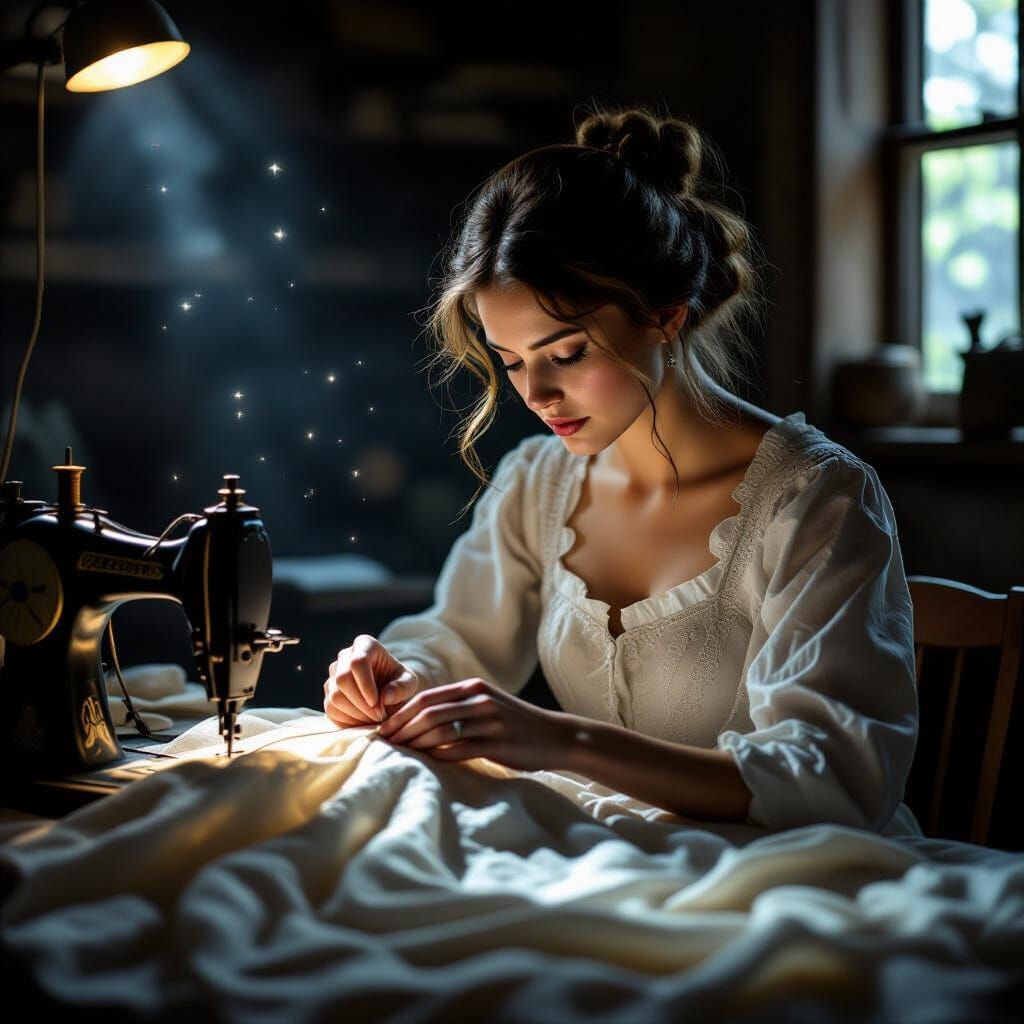 A solitary seamstress meticulously stitches a gown woven fro...