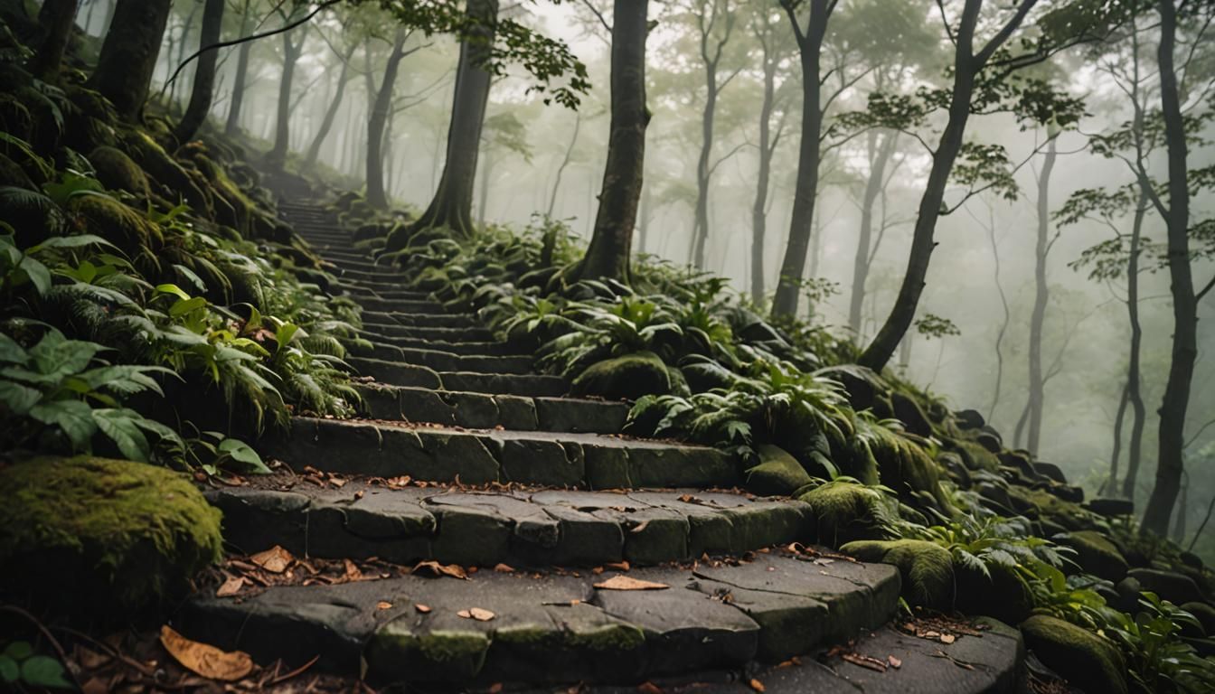 Misty Stone Steps in Mountain Landscape