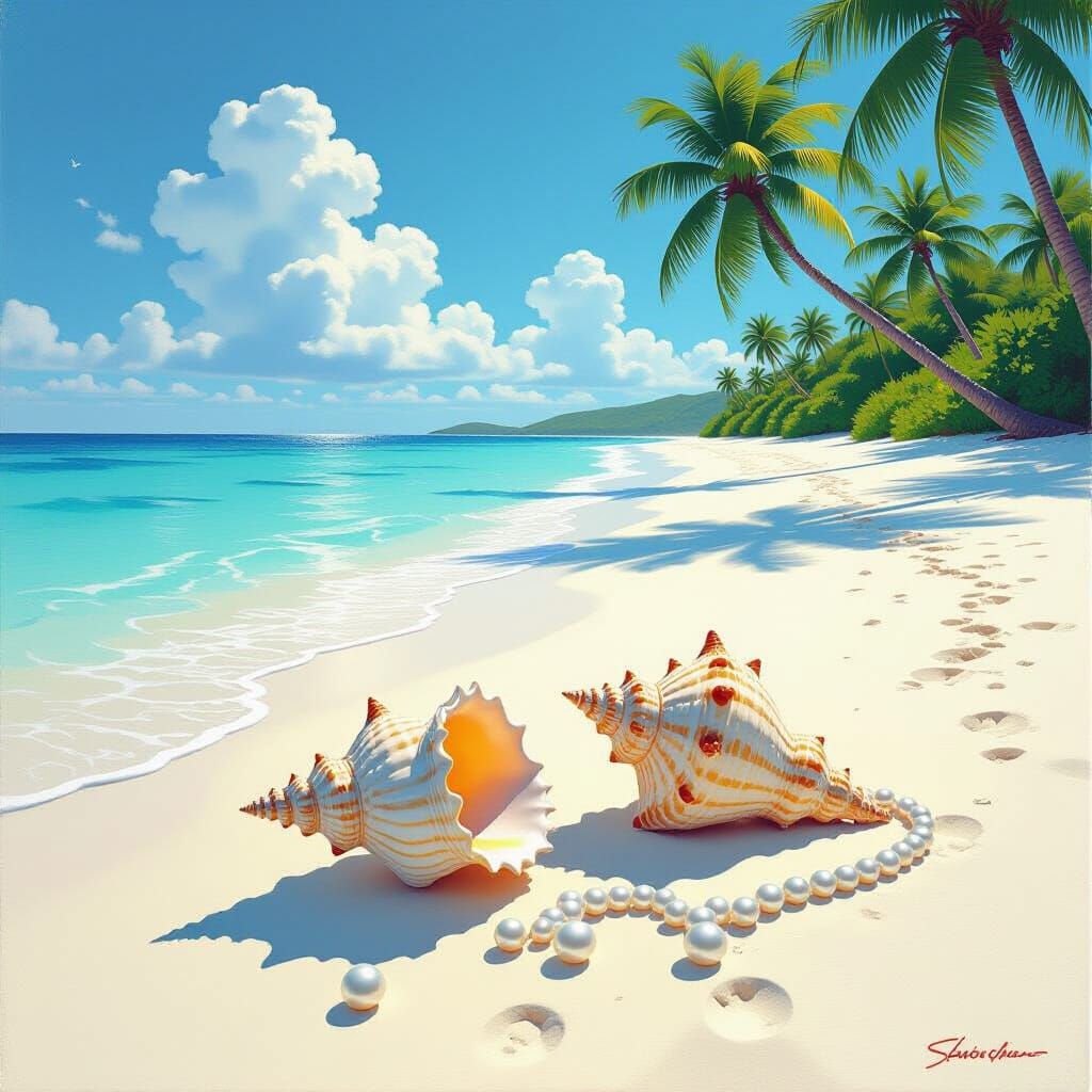 Tropical Beach with Shells and Pearls in Surreal Style