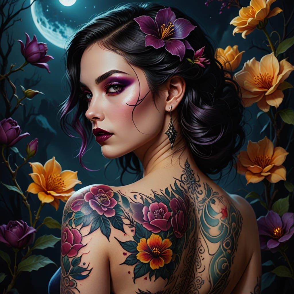 A striking portrait of a woman with long, voluminous, dark h...