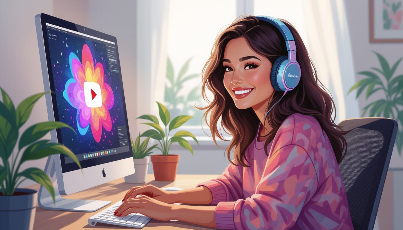 Woman Subscribing to YouTube Channel in Neon Art Style