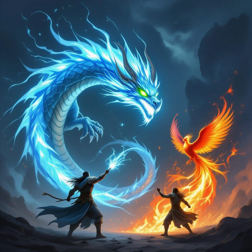 Warrior Summons Energy Dragon Against Fiery Phoenix