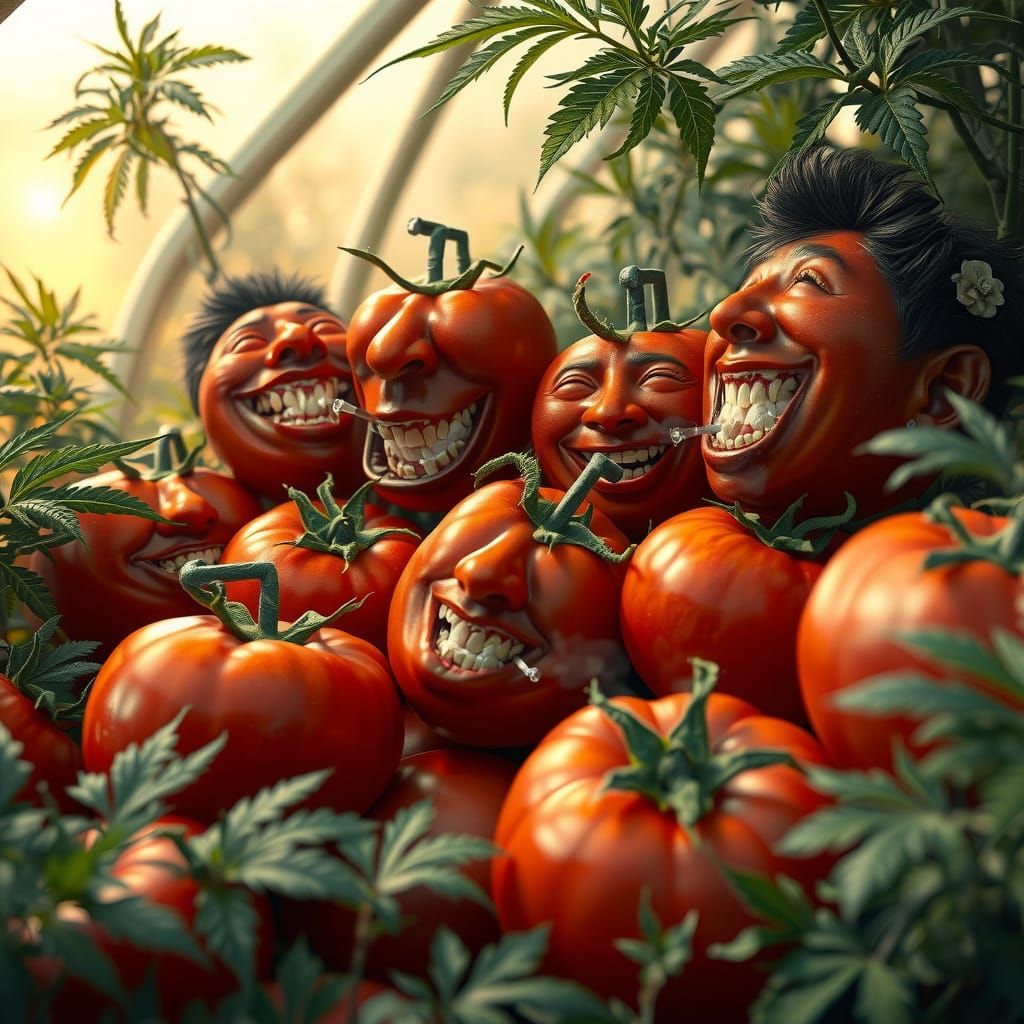 Vibrant Tomatoes Party in a Surreal Greenhouse