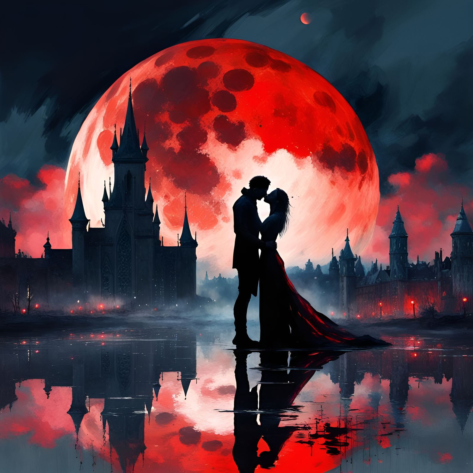 Vampire Couple Kissing Under Red Moon in Double Exposure