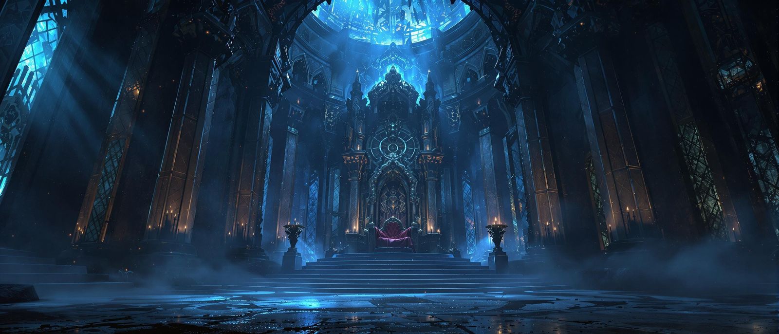 Dark Fantasy Throne Room in Abandoned Castle at Night