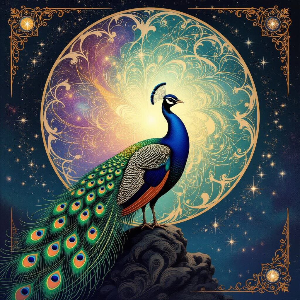 Peacock on Galaxy in Cosmic Surrealism and Art Nouveau Style