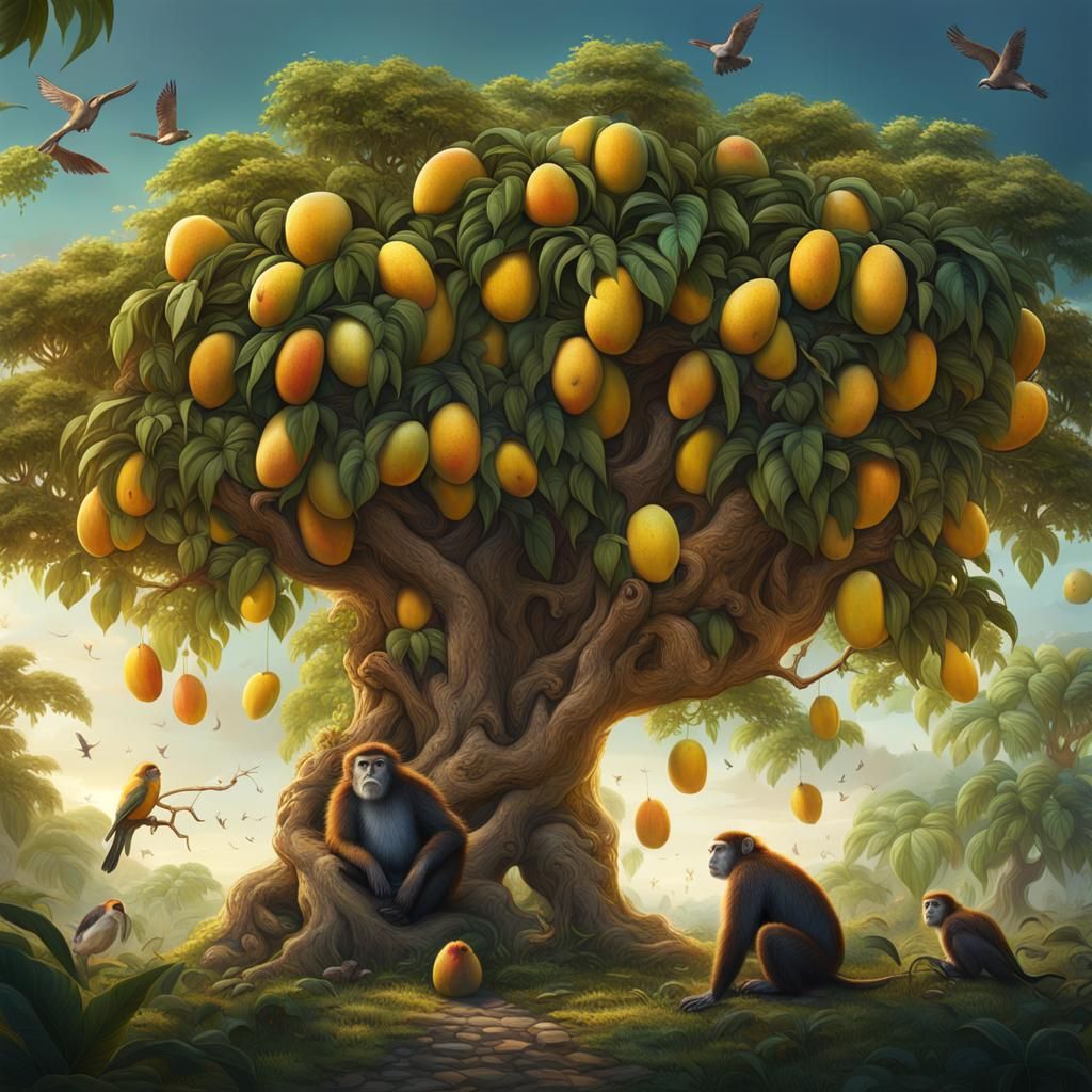 Mango Tree with Ripe Fruit and Wildlife in Digital Art