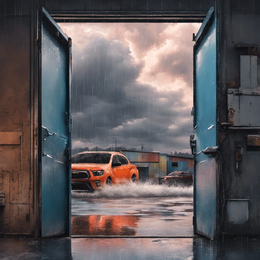 Hyperrealistic Rainy Industrial Park Garage View