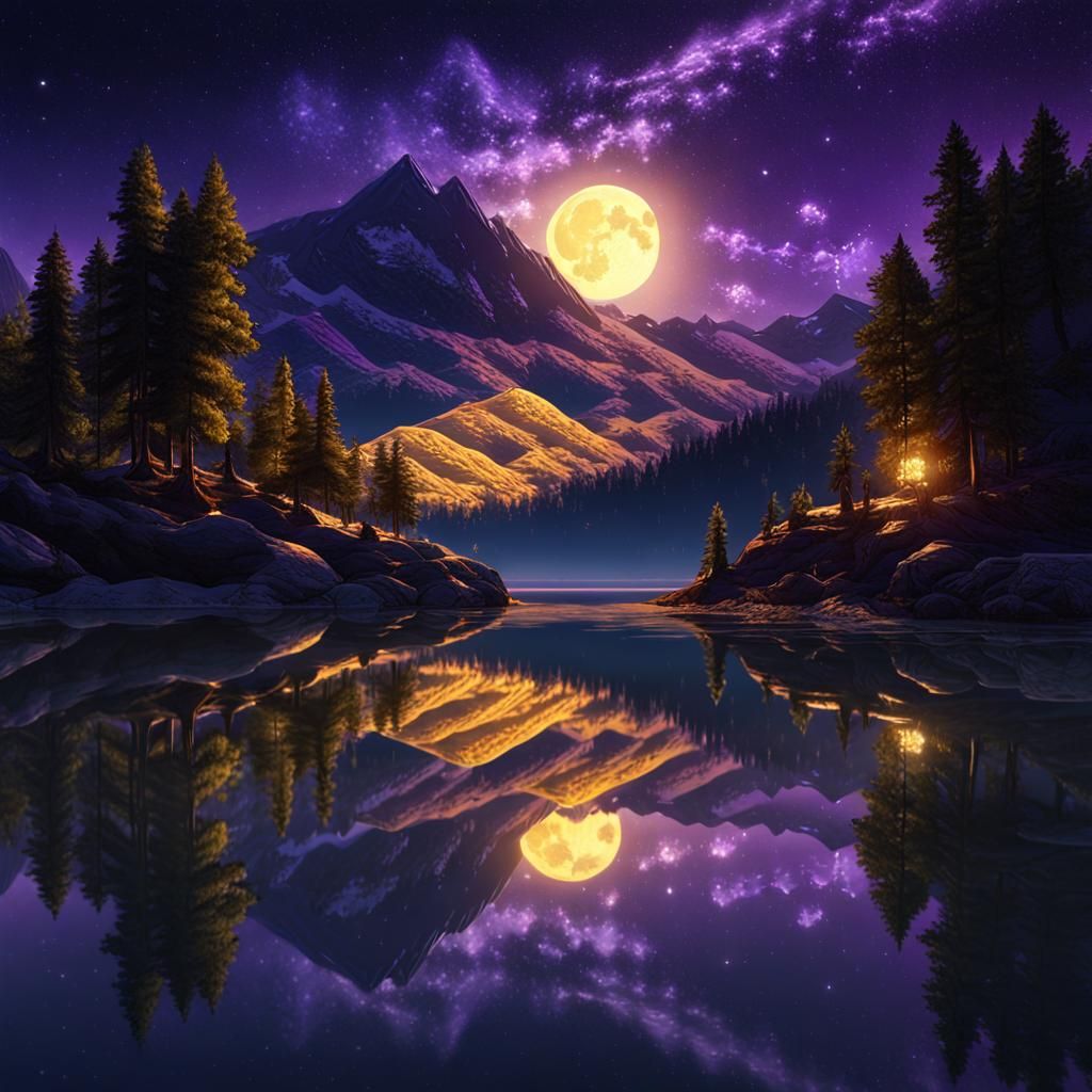Moonlit Starry Night Reflection, Fantasy Art