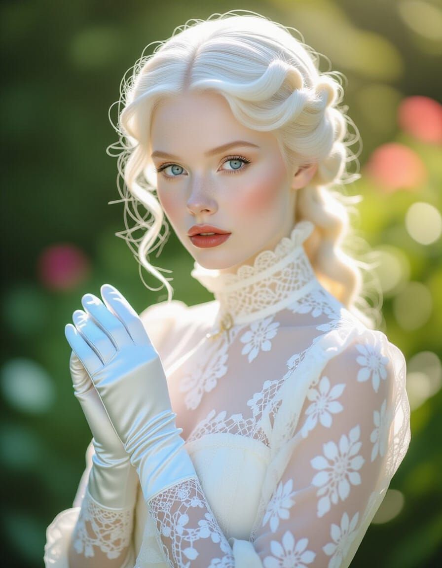 Elegant Albino Woman in Lace Dress, Fine Art Portrait