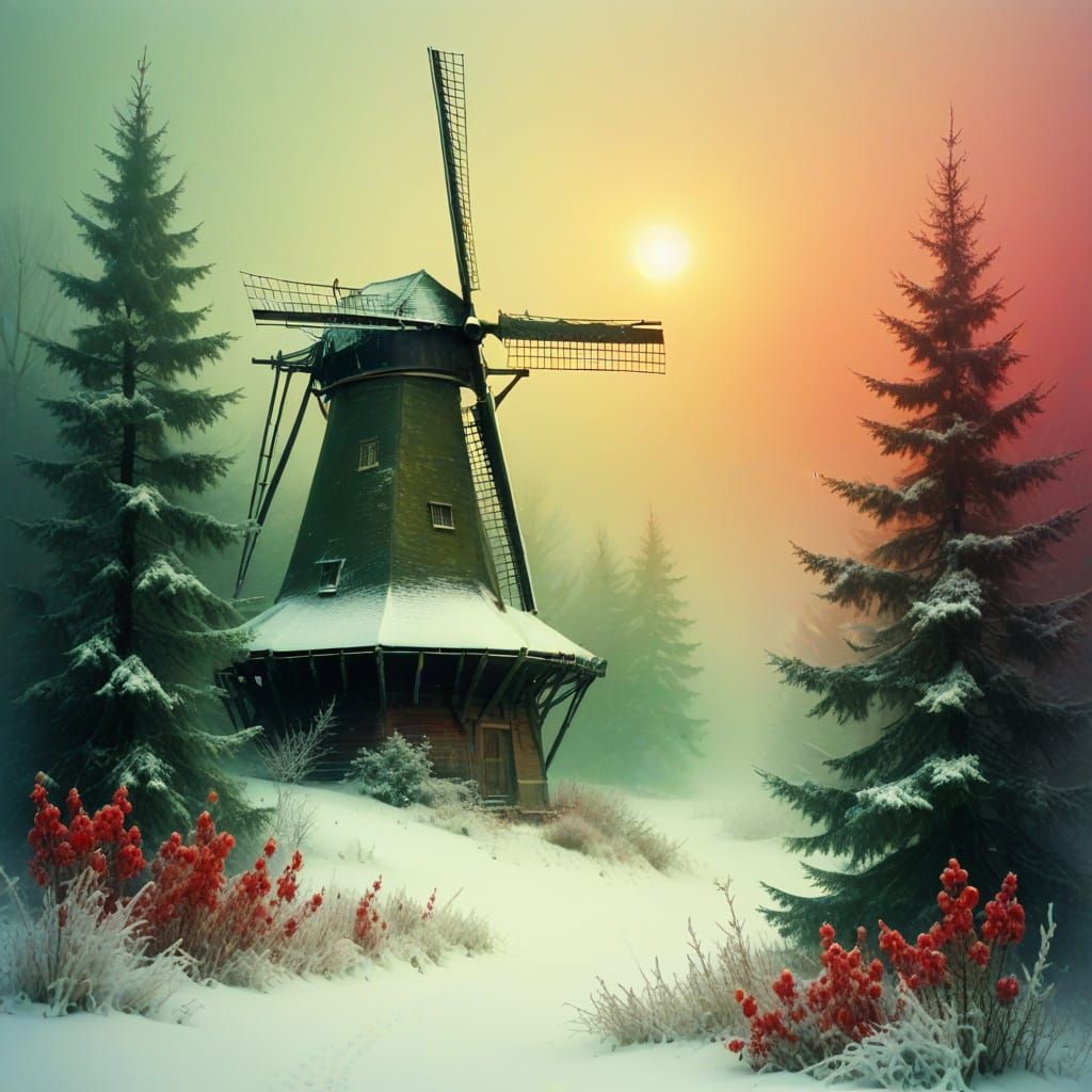 Winter Landscape with Weathered Dutch Windmill