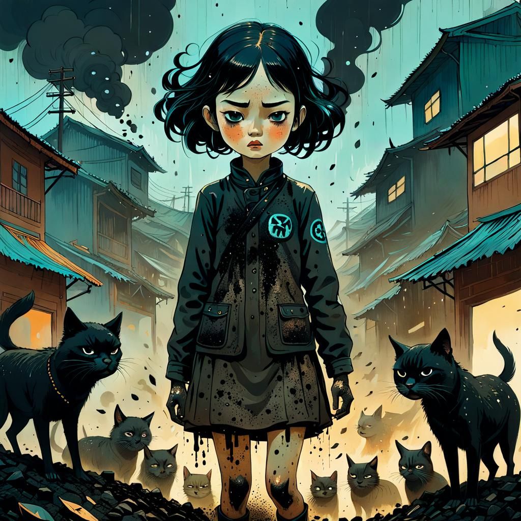 Sooty Girl Surrounded by Cats, in Victo Ngai Style