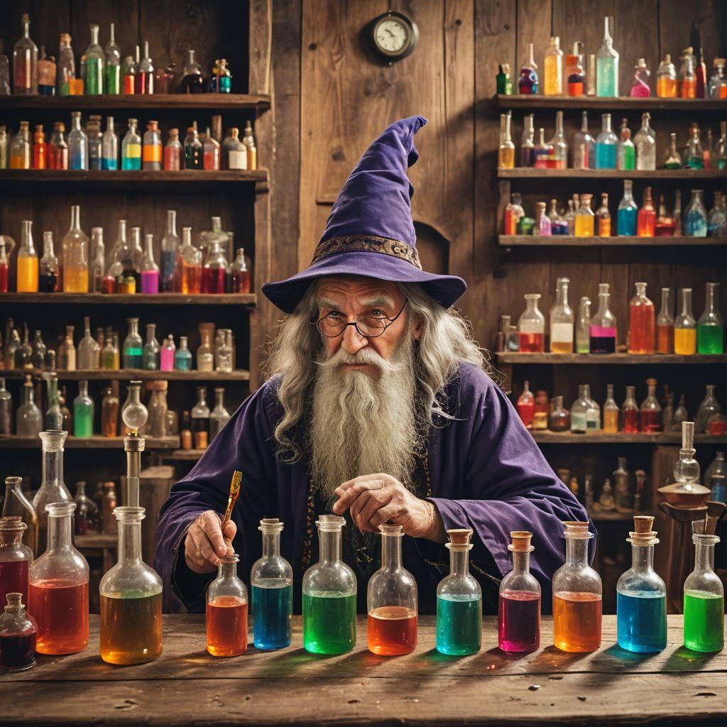 Old Wizard in Vintage Laboratory with Colored Fluids