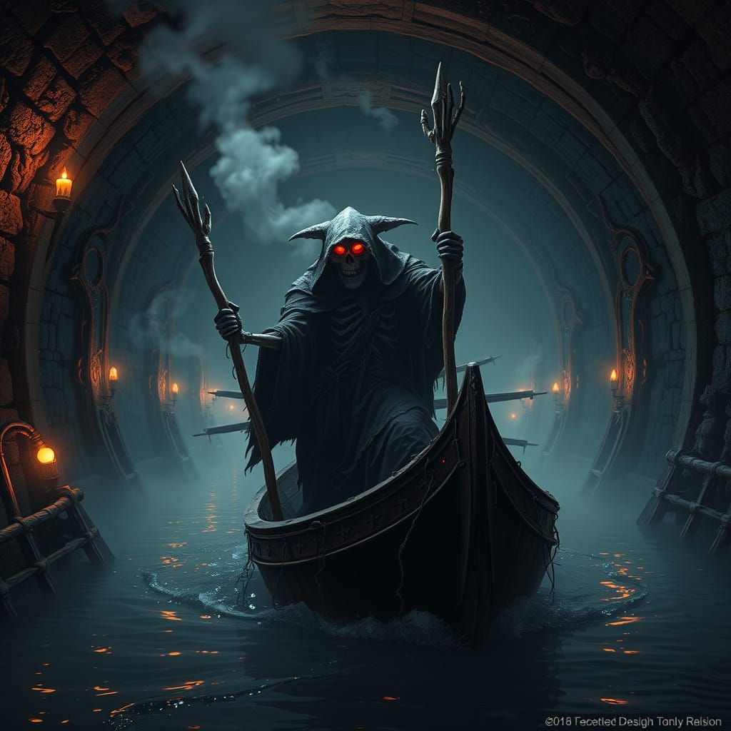 Ethereal Ferryman Confronts the Damned Across the River Styx