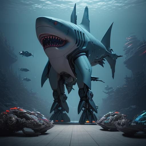 Futuristic Robotic Shark in Underwater City