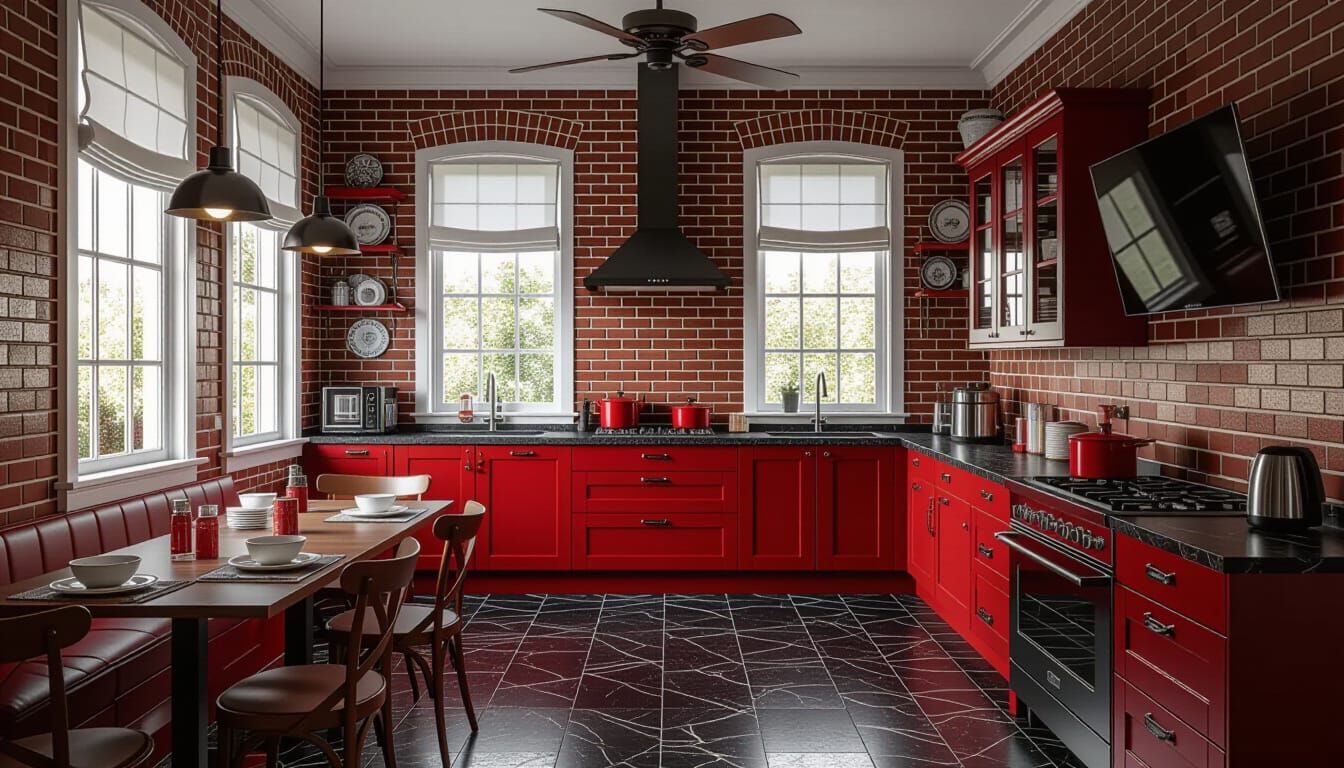 Victorian Dark Red Kitchen Room with Modern Appliances