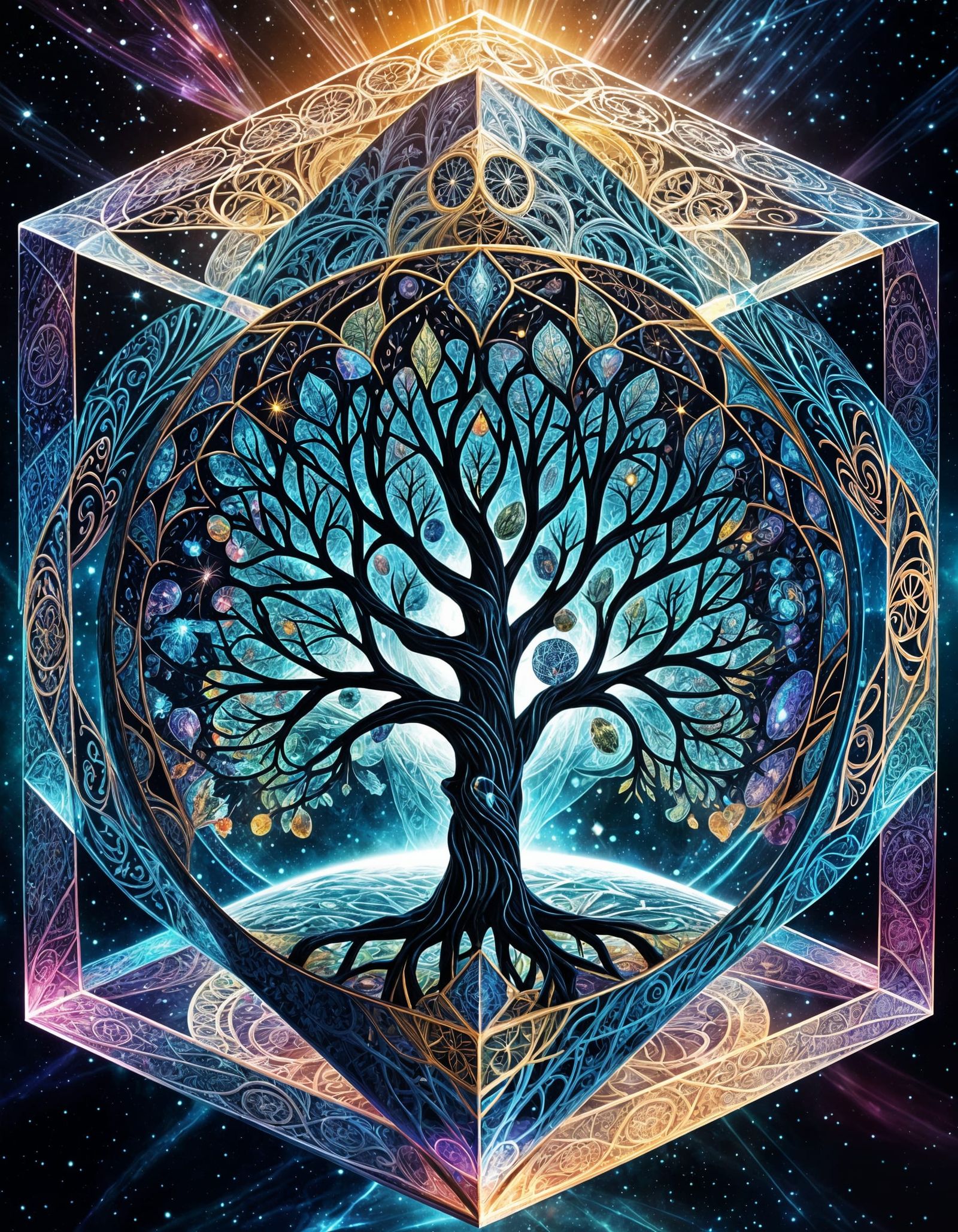 Sacred Geometry Mandala in Crystal Cube