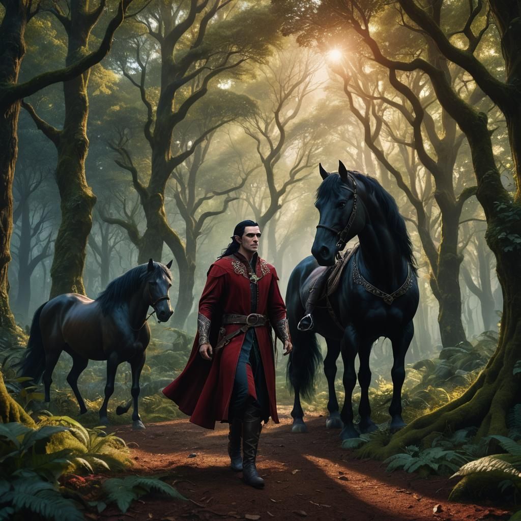 A tall male elf with clean shaven face ,very long black hair...