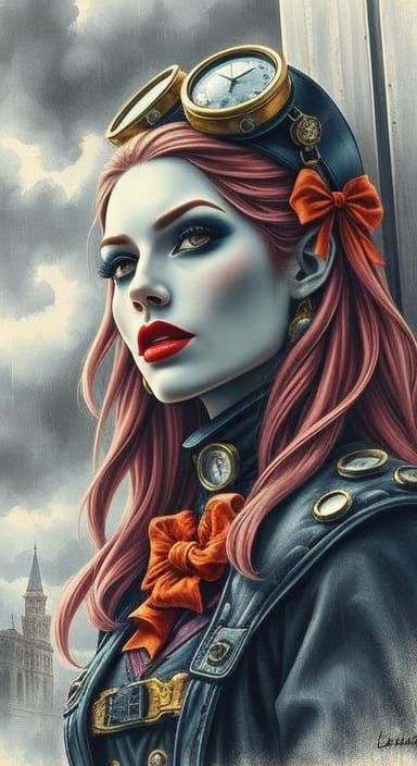 Steampunk Villainess Portrait in Color Pencil Style