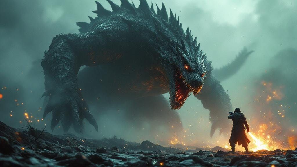 Epic Warrior vs Reptile Monster in Atmospheric Horror