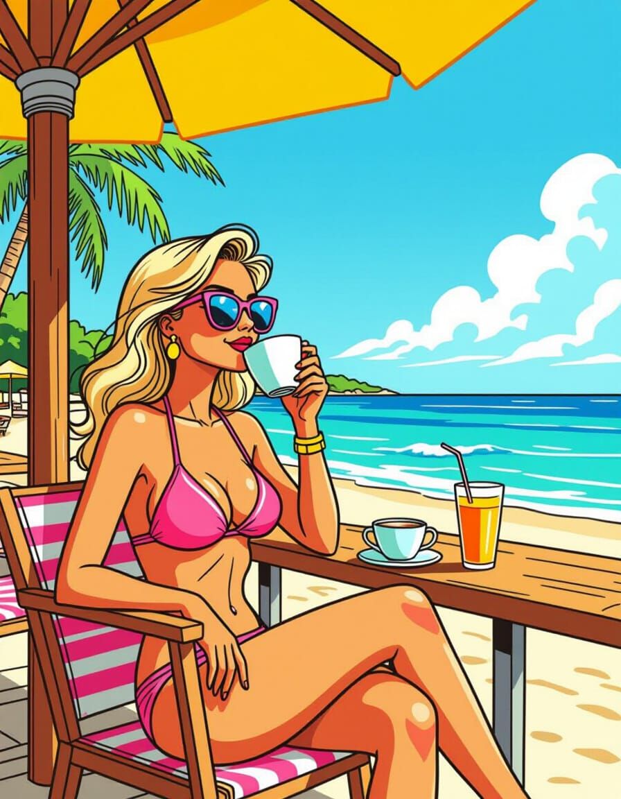 Smurfette Enjoys Coffee at Beach Bar in Pink Bikini