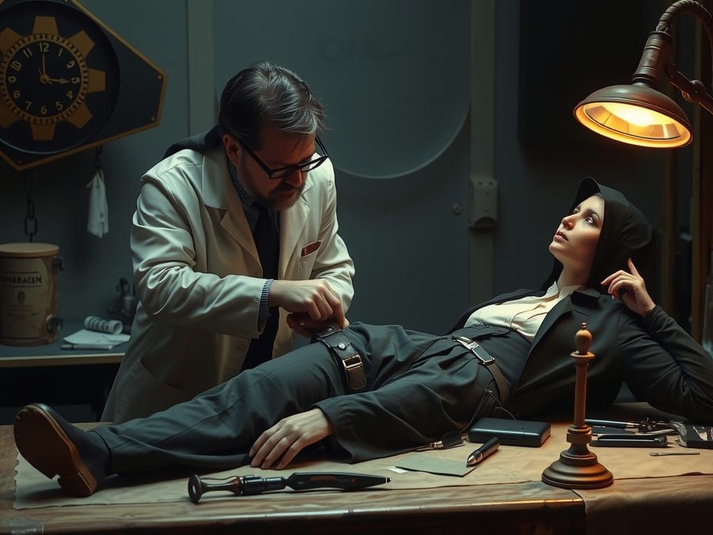 Steampunk Scientist Examines Nun on Autopsy Table