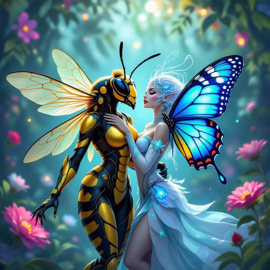 Fantasy Wasp Lady Dances with Blue Butterfly Lady in Mystica...