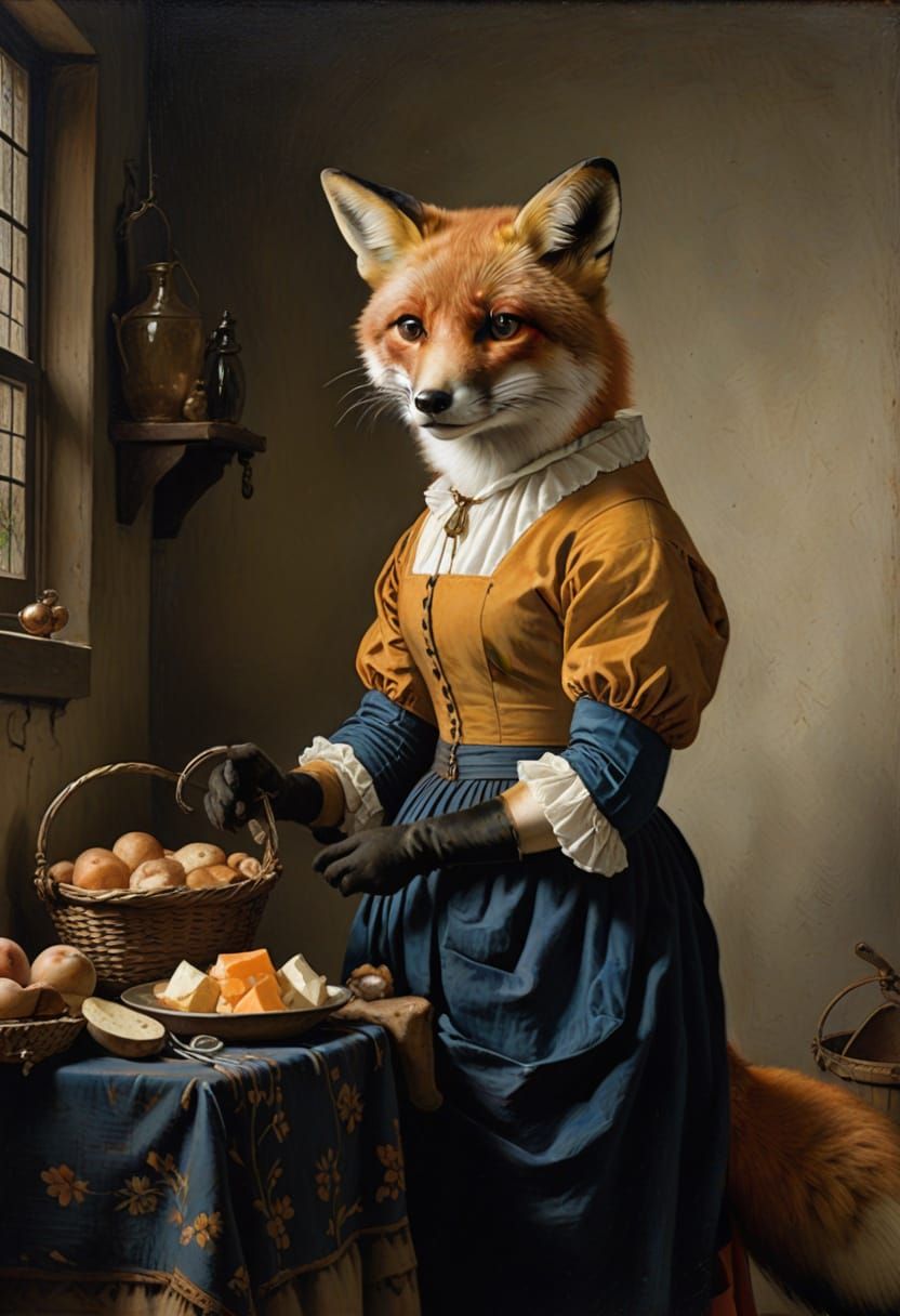 Anthropomorphic Fox Milkmaid in Impressionist Style