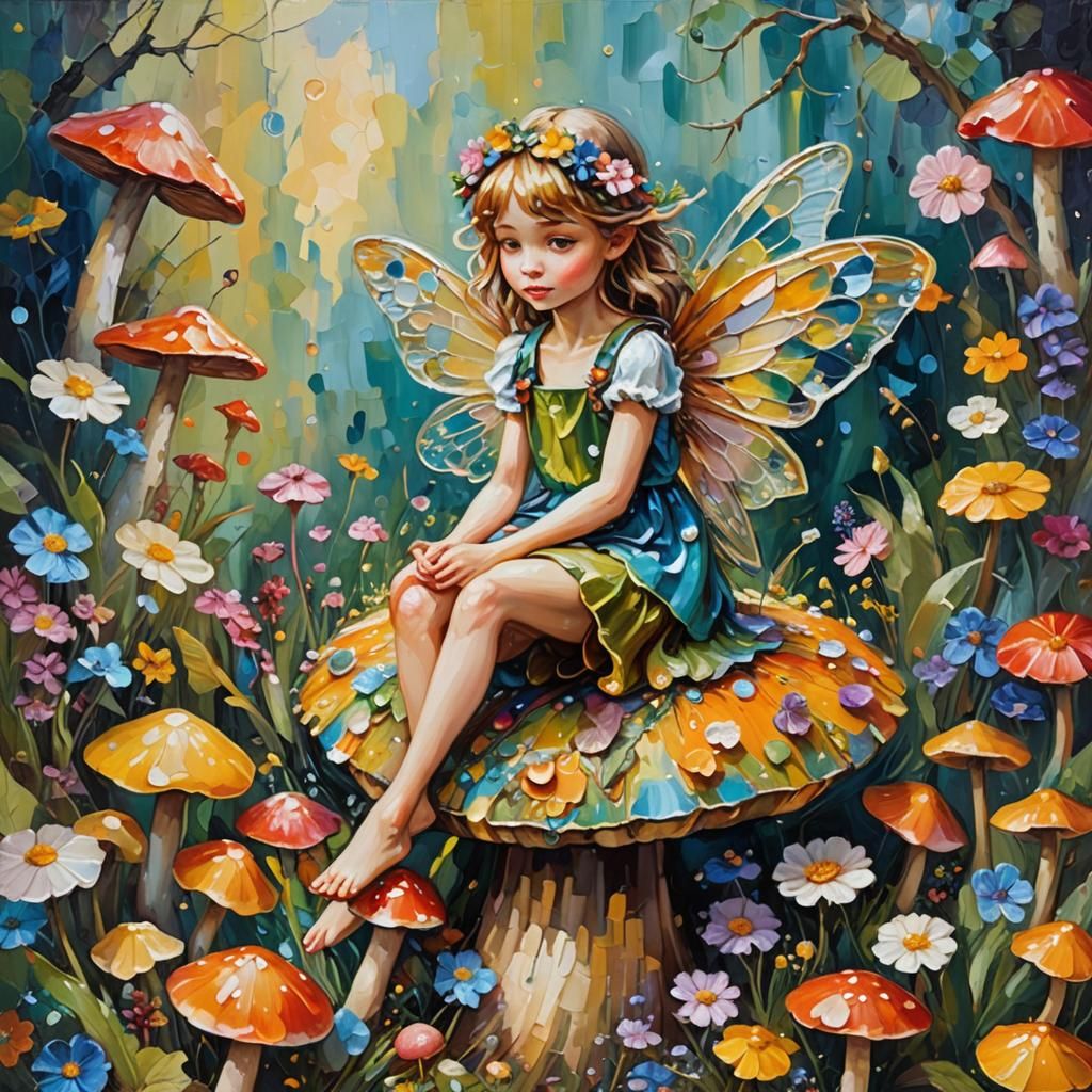 Gum Drop Fairy on Mushroom as Impasto Oil Painting