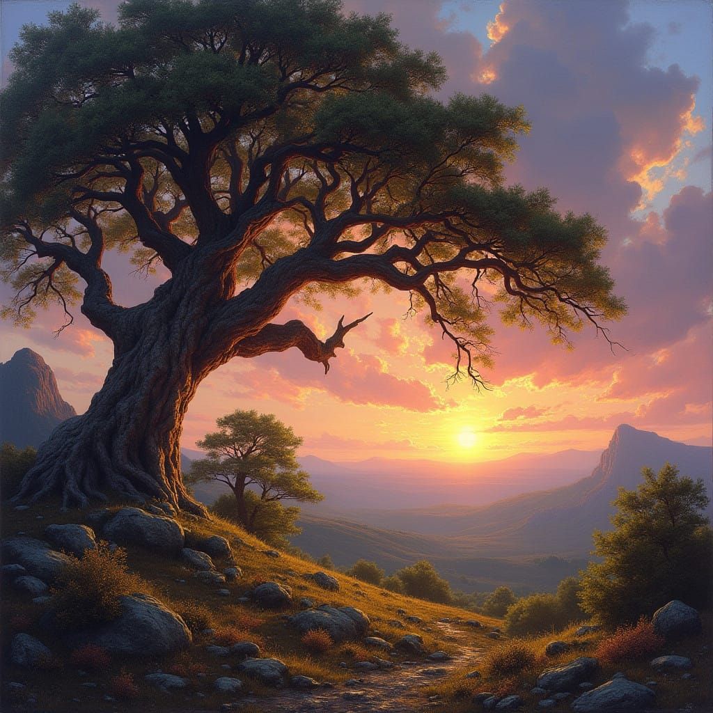 Majestic Fantasy Landscape in Rich, Textured Brushwork