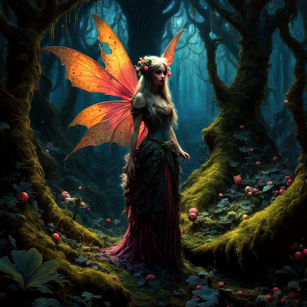 Ancient Fairy in Dark Forest Oil Painting