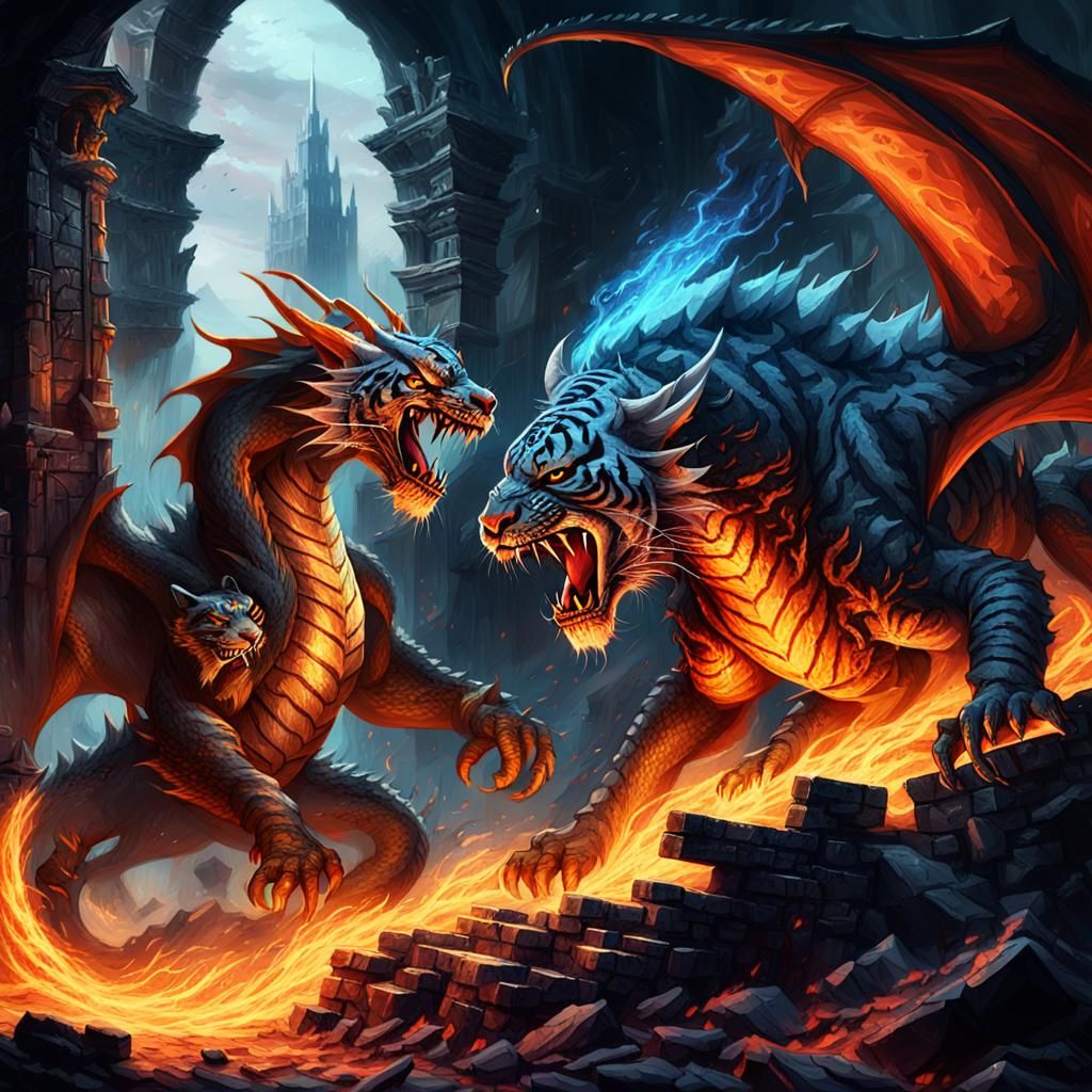 Dragon and Tiger Duel in Dark Fantasy Illustration