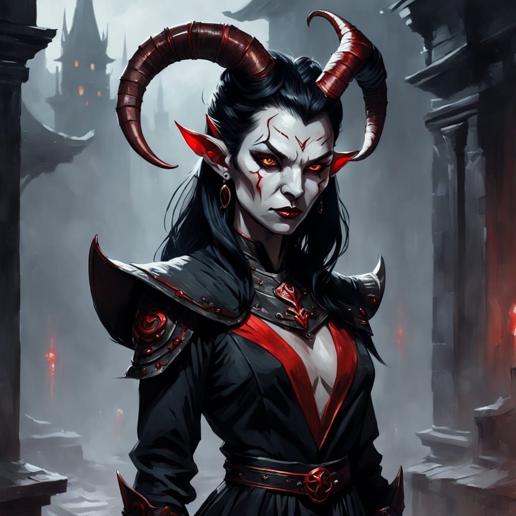 Tiefling Woman in Elegant Dress with Horns