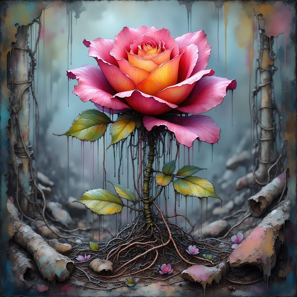 Cybernetic Rose in Desolate Wasteland: Cosmic Surrealism
