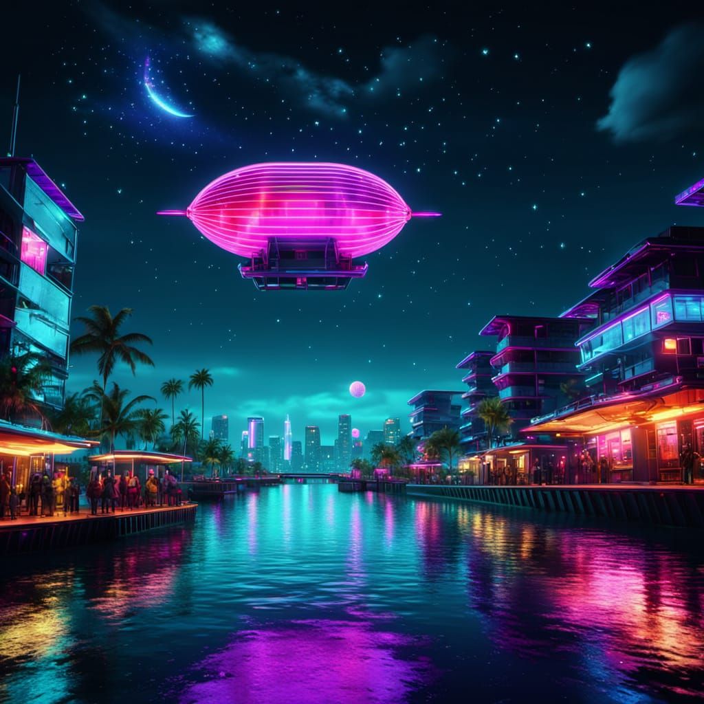 Synthwave Airship Over Neon Cityscape