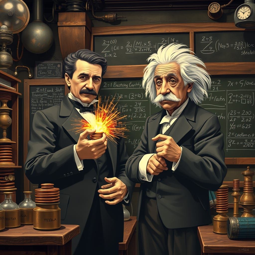 Tesla and Einstein in a Vintage Laboratory