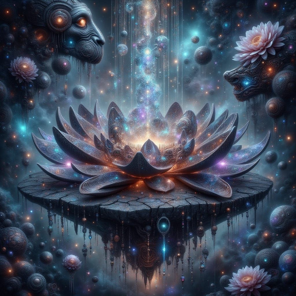 Biomechanical Lotus Emerges from Obsidian Island in Ethereal...