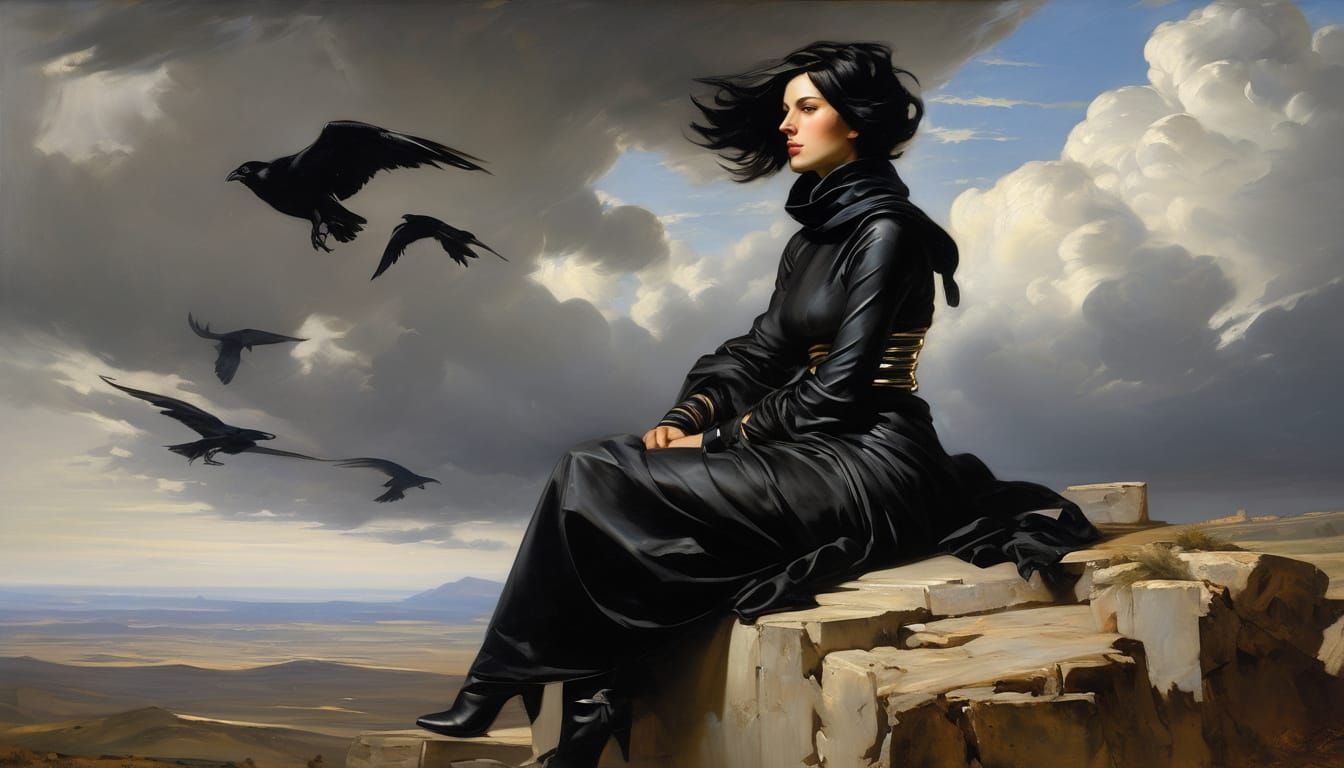 Hyperrealistic Young Woman Contemplates Ruins Amidst Dramati...