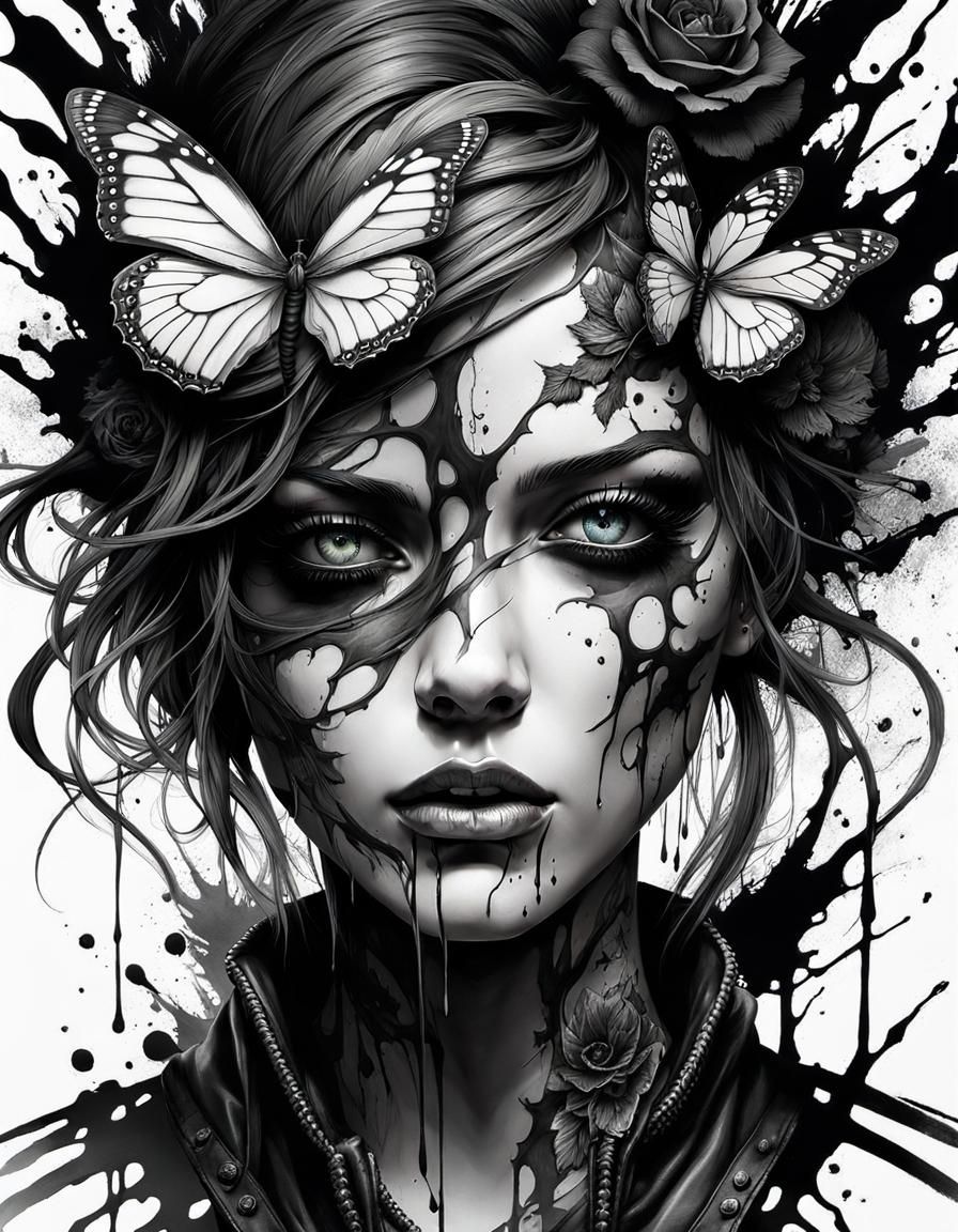 Undead Tattooed Biker Woman in Coloring Book Style