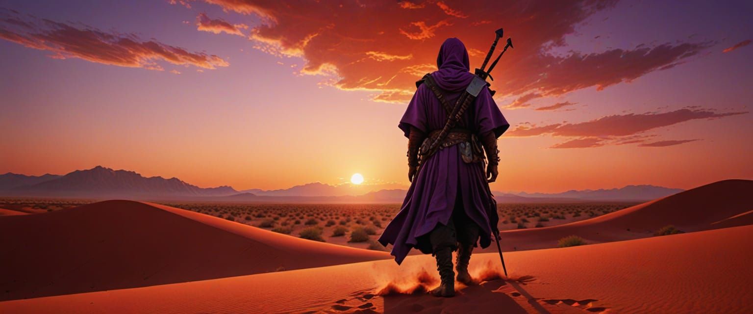 Touareg Warrior Silhouette in Surreal Desert Sunset