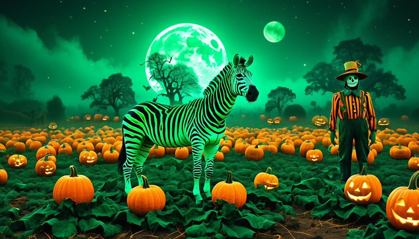 Surreal Pumpkin Patch Scene with Striped Zebras