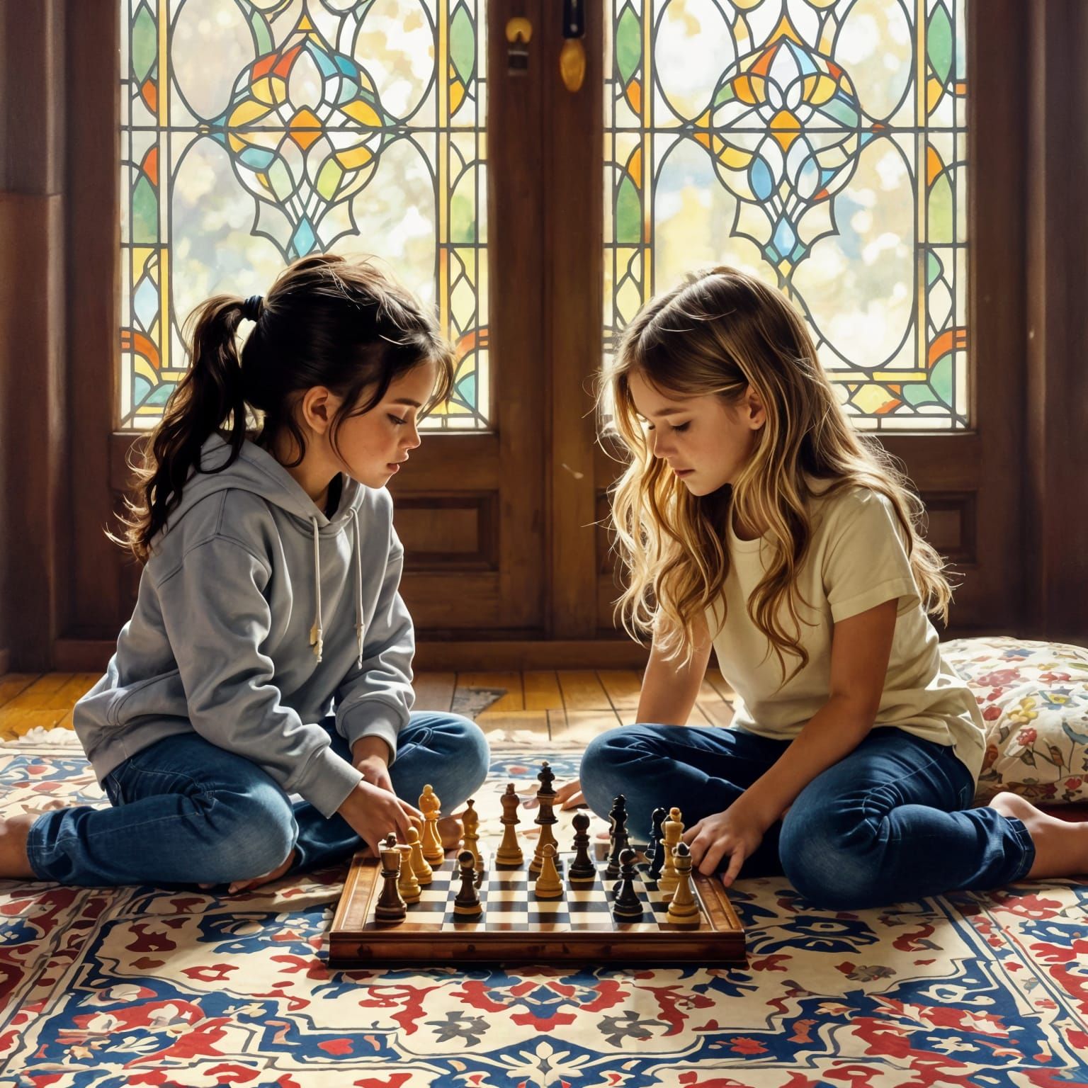 Girls Playing Chess in Academic Style