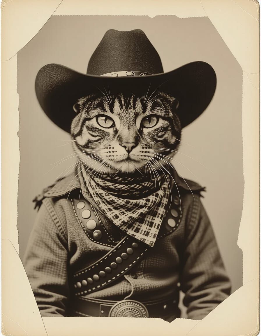Cat Cowboy in Torn Vintage Photograph