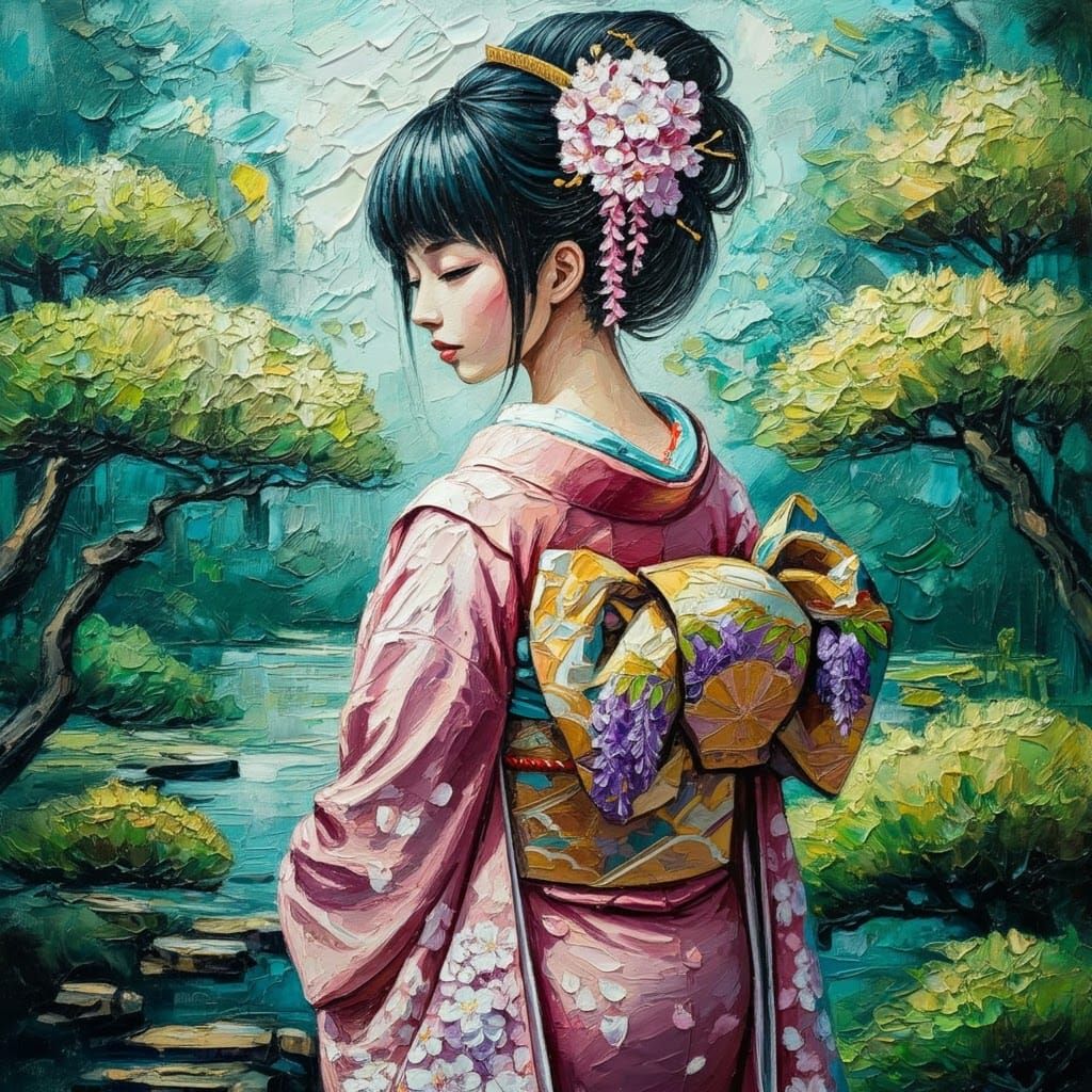 Japanese Girl in Kimono with Cherry Blossoms, as Impasto Pai...
