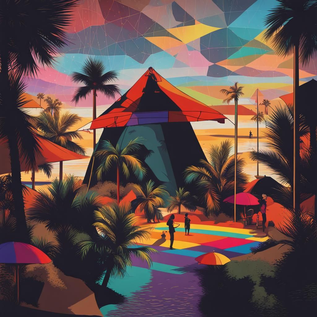 Colorful Beach Scene with Rainbow in Pop Art Style