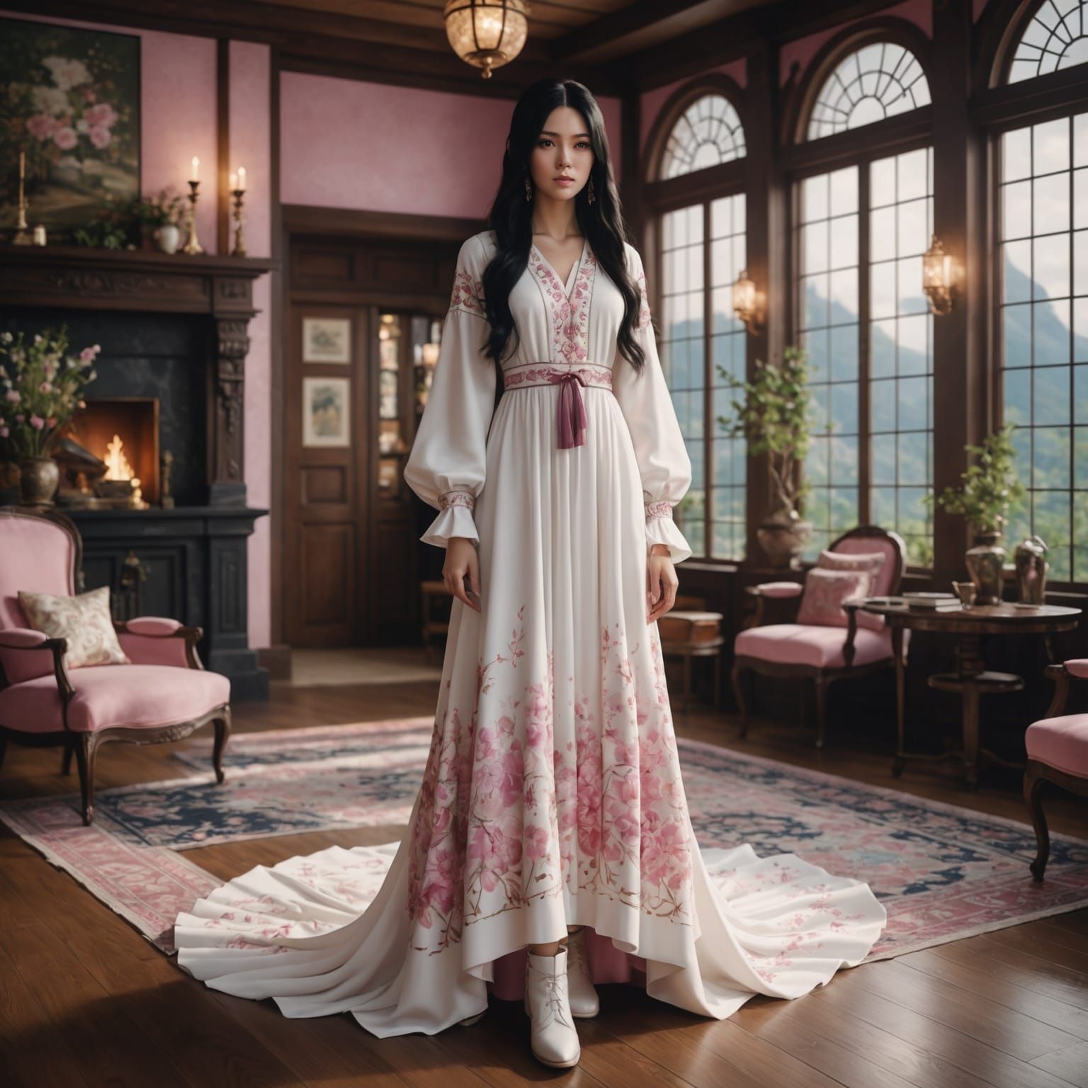 Anime Woman in Pink Dress, Detailed Matte Painting